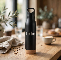 Insulated Metal Bottle with Loop Cap & Cork Base (Black)