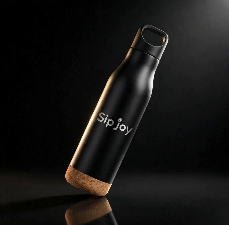 Insulated Metal Bottle with Loop Cap & Cork Base (Black)