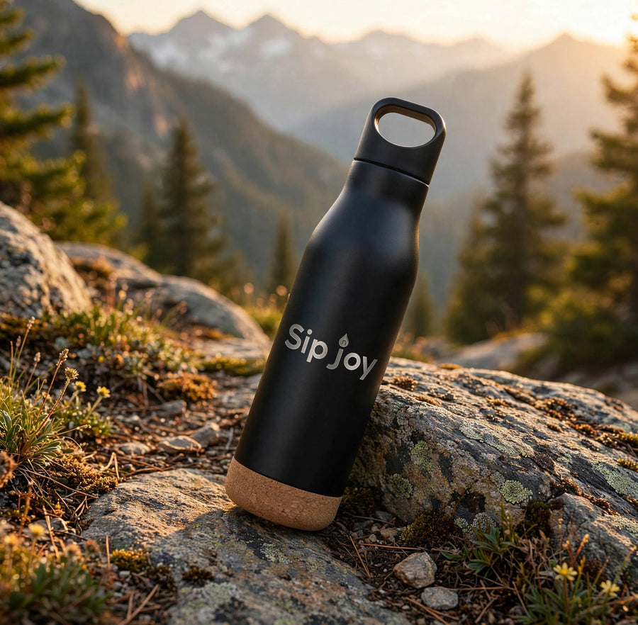 Insulated Metal Bottle with Loop Cap & Cork Base (Black)